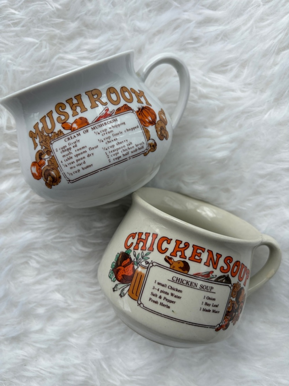 Vintage Mushroom & Chicken Soup Bowls - Orange & Brown Graphics